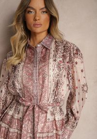 Renee - Beżowa Sukienka o Rozkloszowanym Kroju Koszulowym z Bawełną i Paskiem Merichelle. Kolor: beżowy. Materiał: bawełna. Długość rękawa: na ramiączkach. Typ sukienki: koszulowe #5