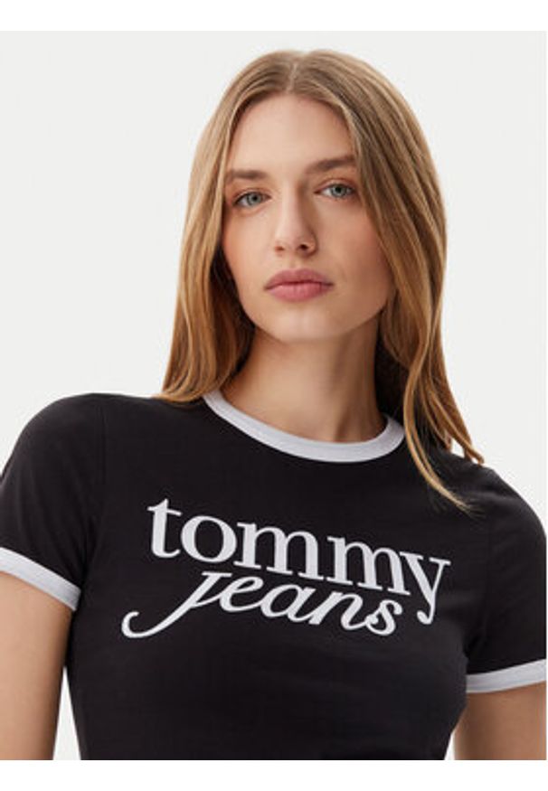 Tommy Jeans T-Shirt Script Ringer DW0DW20631 Czarny Slim Fit. Kolor: czarny. Materiał: bawełna