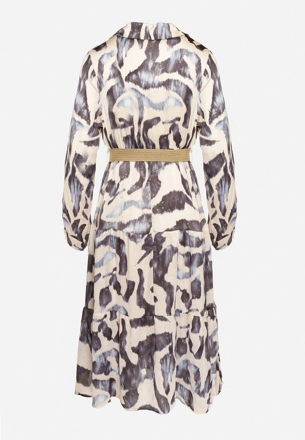 Born2be - Beżowo-Szara Kopertowa Sukienka w Abstrakcyjny Wzór z Gumką w Talii i Paskiem Zinnitaria. Okazja: na co dzień. Kolor: beżowy. Materiał: jeans. Typ sukienki: kopertowe. Styl: casual, klasyczny