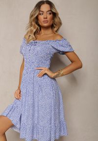 Renee - Niebieska Sukienka Midi o Fasonie Bawełnianej Hiszpanki Nairo. Okazja: na co dzień. Typ kołnierza: dekolt hiszpanka. Kolor: niebieski. Materiał: bawełna. Styl: casual, elegancki. Długość: midi #5