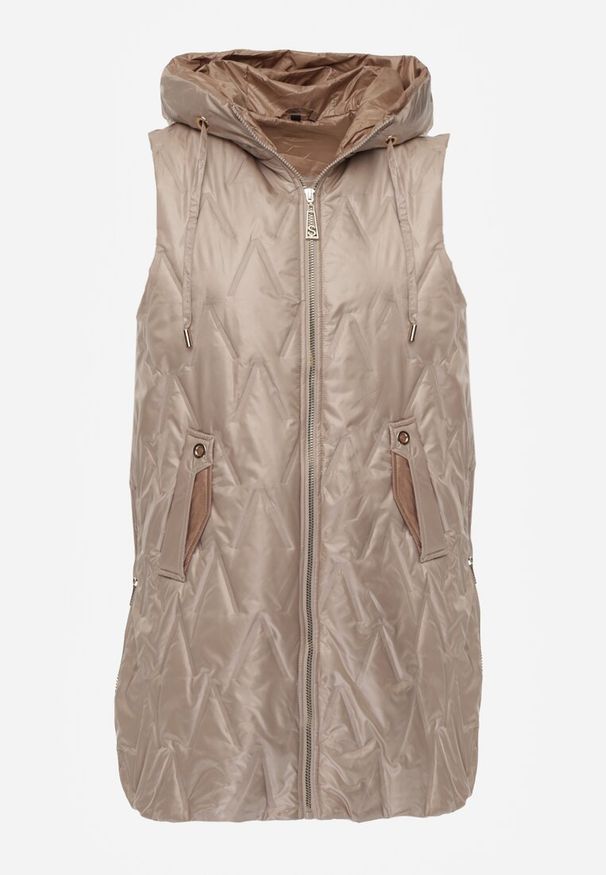 Renee - Brązowa Długa Kamizelka Pikowana z Nieodpinanym Kapturem Semaea. Kolor: brązowy. Materiał: prążkowany, jeans. Długość: długie. Styl: street