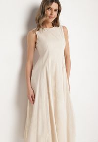 Born2be - Jasnobeżowa Rozkloszowana Sukienka z Bawełną i Wiskozą Ozdobiona Rozcięciem na Nogę Devirael. Okazja: na spacer, na co dzień, na imprezę. Kolor: beżowy. Materiał: wiskoza, bawełna. Wzór: aplikacja. Styl: casual #4