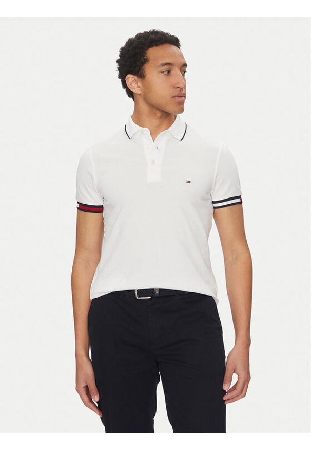 TOMMY HILFIGER - Tommy Hilfiger Polo Flag Cuff MW0MW38458 Biały Slim Fit. Typ kołnierza: polo. Kolor: biały. Materiał: bawełna