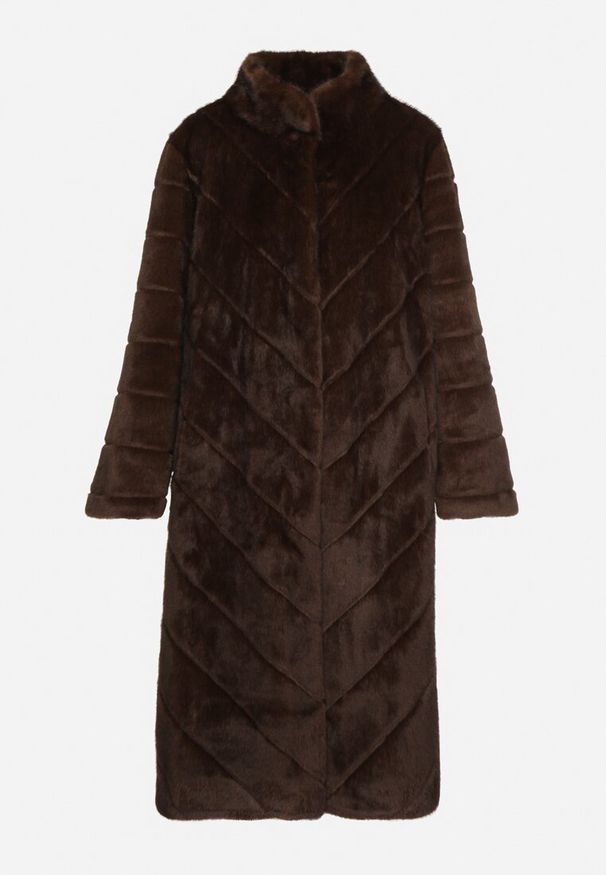 Born2be - Brązowy Długi Płaszcz Futerko z Ozdobnymi Przeszyciami i Stójką Zenima. Okazja: na co dzień. Typ kołnierza: kołnierzyk stójkowy. Kolor: brązowy. Materiał: futro. Długość: długie. Styl: elegancki, casual, klasyczny