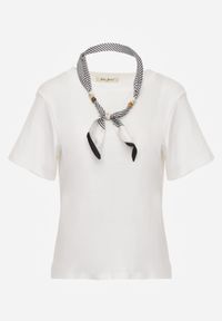 Born2be - Biały T-shirt z Bawełny w Klasycznym Stylu z Apaszką Bluestel. Okazja: do pracy, na co dzień, na spotkanie biznesowe. Kolor: biały. Materiał: bawełna. Długość: długie. Styl: klasyczny #2