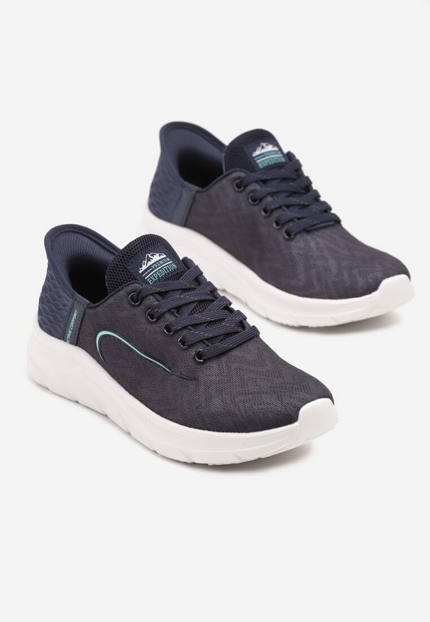 Born2be - Granatowo-Miętowe Buty Sportowe Sneakersy z Tłoczeniem i Ozdobnym Napisem na Boku Canisse. Okazja: na co dzień. Kolor: niebieski. Materiał: jeans. Wzór: napisy. Obcas: na płaskiej podeszwie