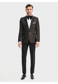Pako Lorente - PAKO LORENTE – Brązowa żakardowa marynarka smokingowa. Okazja: na sylwestra, na studniówkę, na ślub cywilny, na wesele. Kolor: brązowy, czarny. Materiał: żakard #10