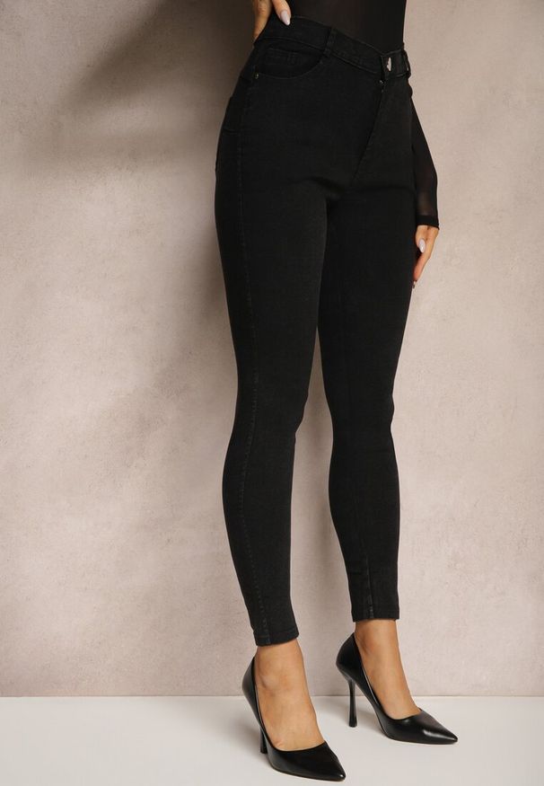 Renee - Czarne Skinny Jeansy z Bawełną High Waist Lorie. Okazja: na imprezę, na co dzień. Stan: podwyższony. Kolor: czarny. Styl: casual, elegancki