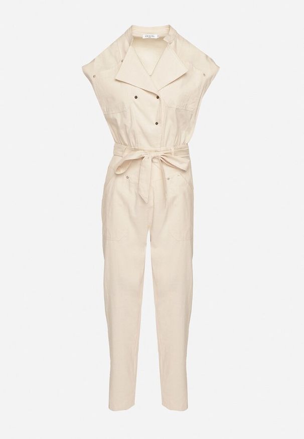 Born2be - Beżowy Kombinezon z Wiskozą o Koszulowym Kroju z Wiązanym Paskiem i Napami Sepalisa. Okazja: do pracy, na co dzień, na spotkanie biznesowe. Kolor: beżowy. Materiał: wiskoza. Długość rękawa: krótki rękaw. Długość: krótkie. Styl: biznesowy, casual