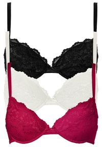bonprix - Biustonosz push up z delikatną koronką (3 szt.). Kolor: różowy. Materiał: bawełna, koronka. Rodzaj stanika: push-up. Wzór: koronka #1