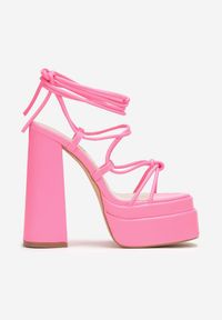 Renee - Różowe Wiązane Sandały na Stożkowym Słupku i Platformie Lavendari. Kolor: różowy. Wzór: jednolity. Obcas: na platformie #3