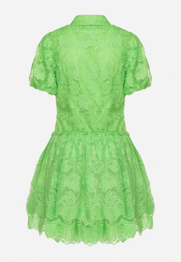 Born2be - Zielona Koronkowa Sukienka Mini w Kwiaty z Bufiastymi Rękawami Cervi. Kolor: zielony. Materiał: koronka. Wzór: kwiaty. Długość: mini