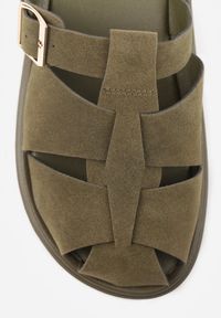 Renee - Zielone Klapki z Zakrytym Noskiem i Ozdobnymi Paskami z Klamerką Themine. Kolor: zielony. Materiał: nubuk, koronka. Sezon: lato #6