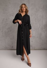 Renee - Czarna Koszulowa Sukienka Utility z Bawełny z Wiązanym Paskiem w Talii Retona. Okazja: na co dzień. Kolor: czarny. Materiał: bawełna. Sezon: lato. Typ sukienki: koszulowe. Styl: boho, glamour, casual #1