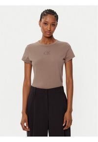 Calvin Klein T-Shirt Satin K20K207974 Beżowy Regular Fit. Kolor: beżowy. Materiał: bawełna