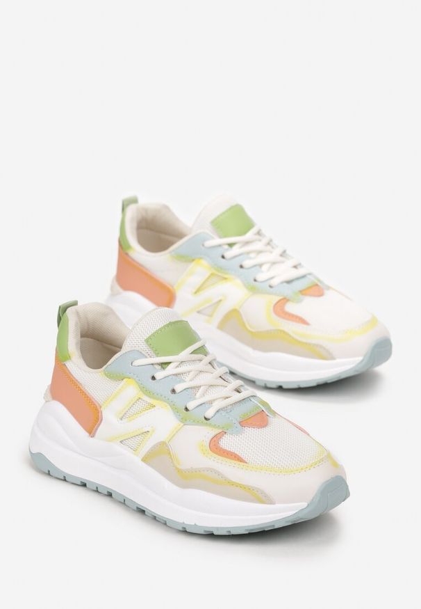 Born2be - Biało-Pomarańczowe Sneakersy z Ozdobnymi Przeszyciami Leostia. Kolor: biały. Wzór: aplikacja