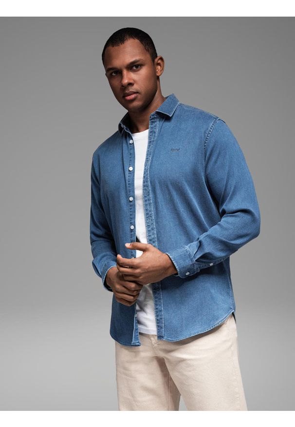 Ombre Clothing - Męska koszula jeansowa z lyocellem oraz haftem na piersi – niebieska V2 OM-SHDS-0180 - XXL. Kolor: niebieski. Materiał: jeans. Wzór: haft