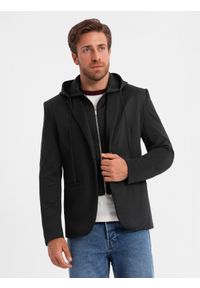 Ombre Clothing - Męska marynarka z odpinaną podpinką i kapturem – czarna V1 - Rozmiar: XL. Okazja: do pracy, na co dzień. Typ kołnierza: kaptur. Kolor: szary. Materiał: poliester. Styl: wizytowy, casual, elegancki