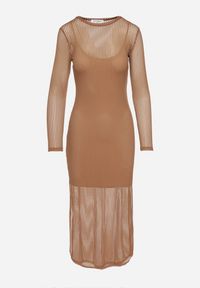 Born2be - Brązowa Sukienka Siateczkowa w Prążki z Wiskozą Niniria. Okazja: na co dzień. Kolor: brązowy. Materiał: wiskoza. Długość rękawa: na ramiączkach. Wzór: prążki. Typ sukienki: proste. Styl: casual, elegancki #5