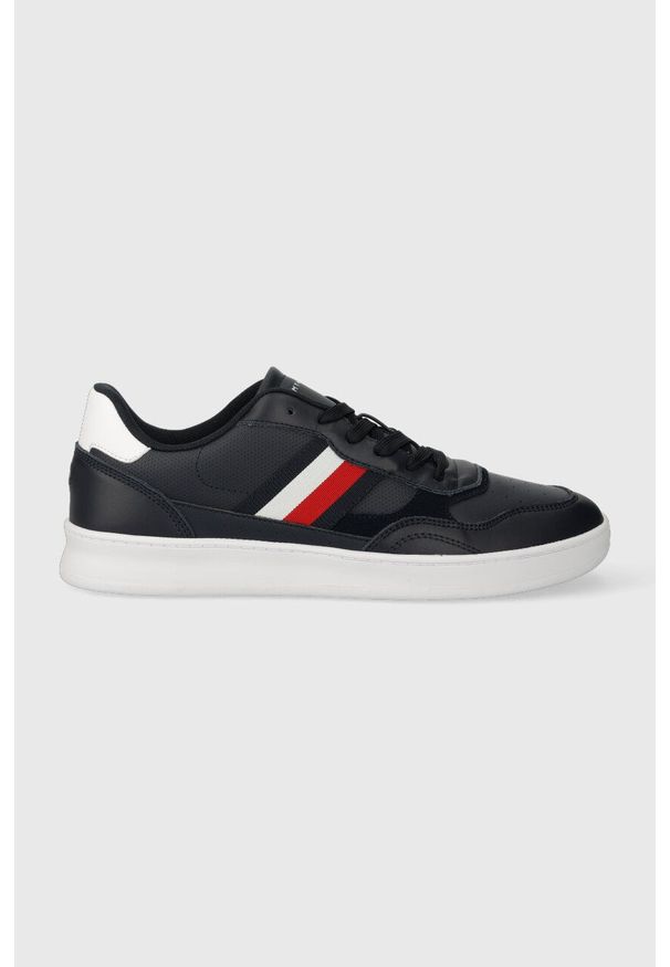 TOMMY HILFIGER - Tommy Hilfiger sneakersy skórzane COURT CUPSOLE RETRO LTH STRIPES kolor granatowy FM0FM04828. Nosek buta: okrągły. Zapięcie: sznurówki. Kolor: niebieski. Materiał: skóra