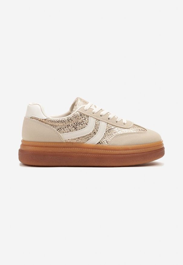 Born2be - Beżowe Wężowe Sneakersy w Stylu Klasycznych Tenisówek na Grubej Podeszwie Grelritia. Okazja: na co dzień. Kolor: beżowy. Materiał: jeans