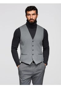 Ombre Clothing - Elegancka męska kamizelka w jodełkę SLIM FIT - szara V1 - Rozmiar: M. Okazja: na co dzień, do pracy, na spotkanie biznesowe. Typ kołnierza: golf. Kolor: szary. Materiał: poliester, elastan, tkanina, materiał, wiskoza. Wzór: jodełka. Styl: elegancki #1