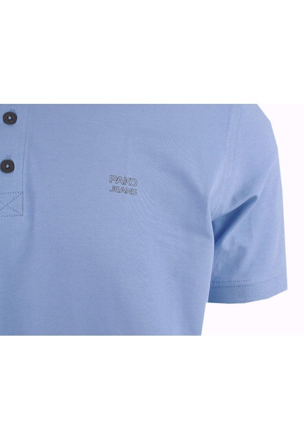 Męski T-Shirt (Koszulka) z Dekoltem na Guziki - Pako Jeans - Niebieska. Okazja: na co dzień. Kolor: niebieski. Materiał: bawełna, elastan. Styl: casual