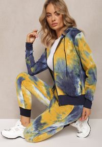 Renee - Niebiesko-Żółty Ocieplony Komplet Dresowy Tie-Dye z Bluzą z Kapturem i Spodniami Joggerami Tellervo. Kolor: niebieski. Materiał: dresówka