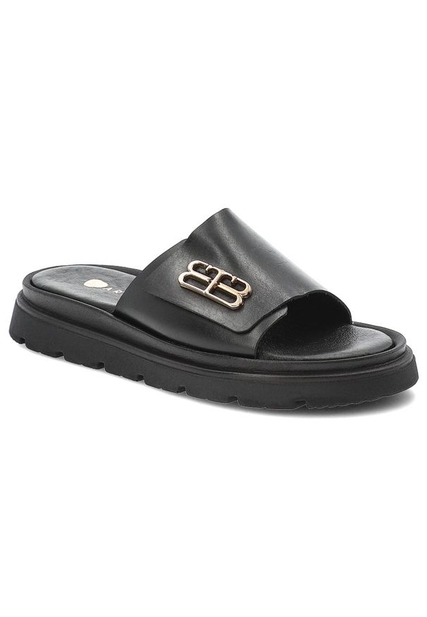 Czarne Klapki Armodo Eleganckie Obuwie Damskie. Okazja: na co dzień. Kolor: czarny. Materiał: skóra. Wzór: aplikacja. Sezon: lato. Styl: elegancki