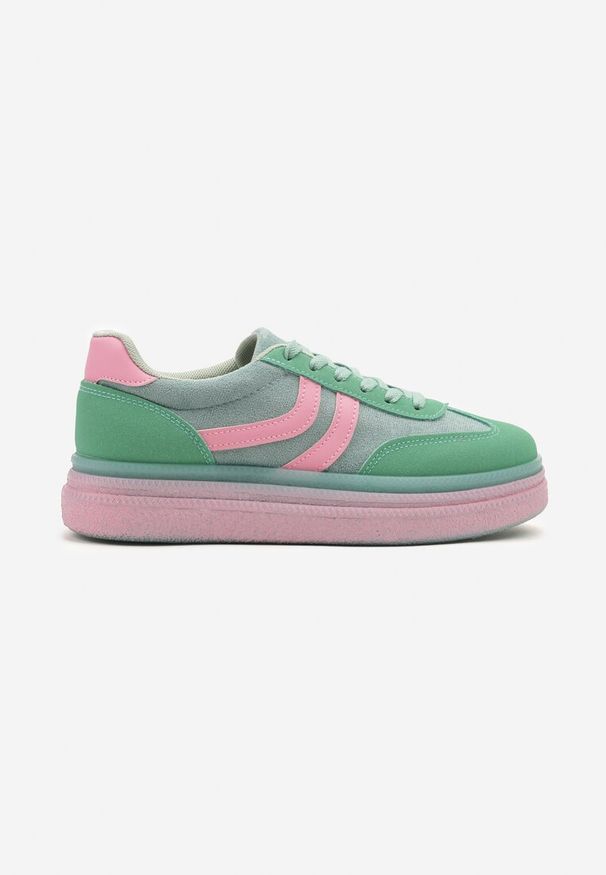 Renee - Zielone Sneakersy Typu Kultowe Tenisówki na Niskiej Platformie Olritia. Okazja: na co dzień. Kolor: zielony. Materiał: jeans. Szerokość cholewki: normalna. Wzór: aplikacja. Obcas: na platformie