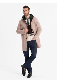 Ombre Clothing - Melanżowy długi męski płaszcz z kapturem – beżowy V2 - Rozmiar: XXL. Typ kołnierza: kaptur. Kolor: beżowy. Materiał: tkanina, wełna, poliester, materiał, syntetyk, włókno, nylon. Długość: długie. Wzór: melanż. Sezon: zima. Styl: elegancki #4