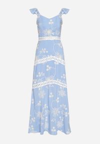 Born2be - Niebieska Wiskozowa Sukienka Ozdobiona Haftami i Falbankami Lumionea. Typ kołnierza: kołnierz z falbankami. Kolor: niebieski. Materiał: wiskoza. Wzór: aplikacja, haft. Styl: elegancki #3