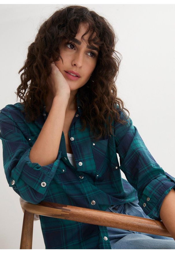 bonprix - Bluzka koszulowa w kratę z czystej bawełny. Kolor: niebieski. Materiał: bawełna