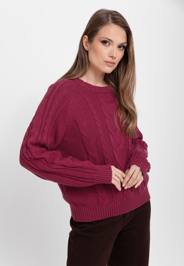 Volcano - Luźny sweter S-AYA. Kolor: różowy. Materiał: jeans, materiał, bawełna. Wzór: ze splotem