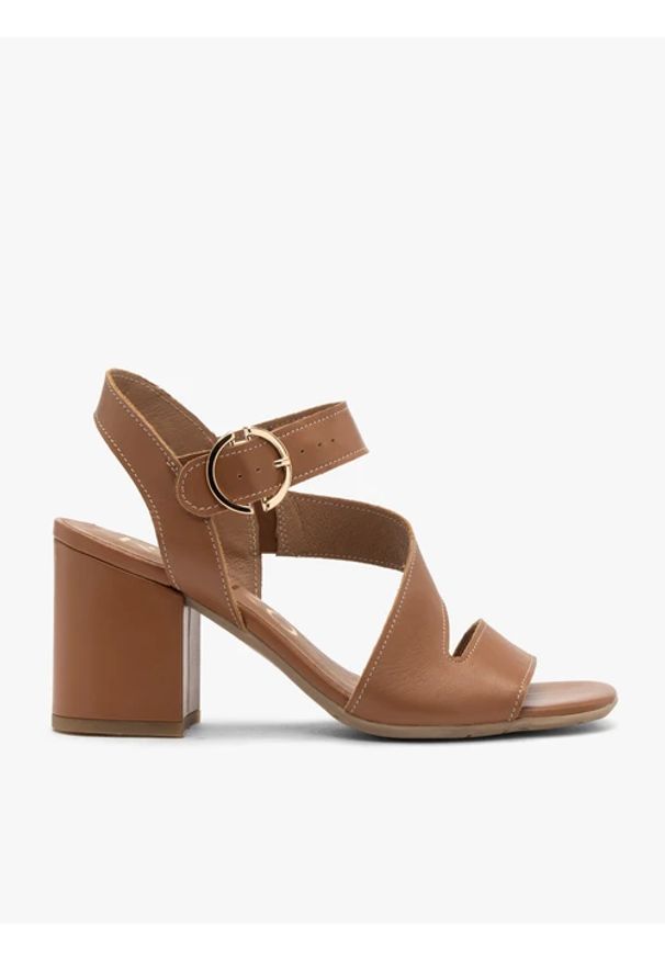 Ryłko - Jasnobrązowe sandały damskie na obcasie. Zapięcie: sprzączka. Kolor: brązowy. Materiał: skóra. Obcas: na obcasie. Styl: klasyczny, street. Wysokość obcasa: średni