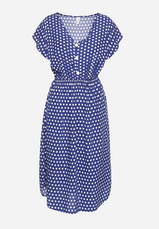 Born2be - Granatowa Bawełniana Sukienka z Gumką w Pasie i Falbanką Romilla. Kolor: niebieski. Materiał: bawełna. Sezon: lato. Styl: wizytowy