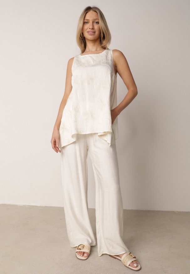 Born2be - Biały Rustykalny Komplet z Wiskozy i Lnu Spodnie i Bluzka z Haftem Acalerodia. Kolor: biały. Materiał: wiskoza, len. Wzór: haft