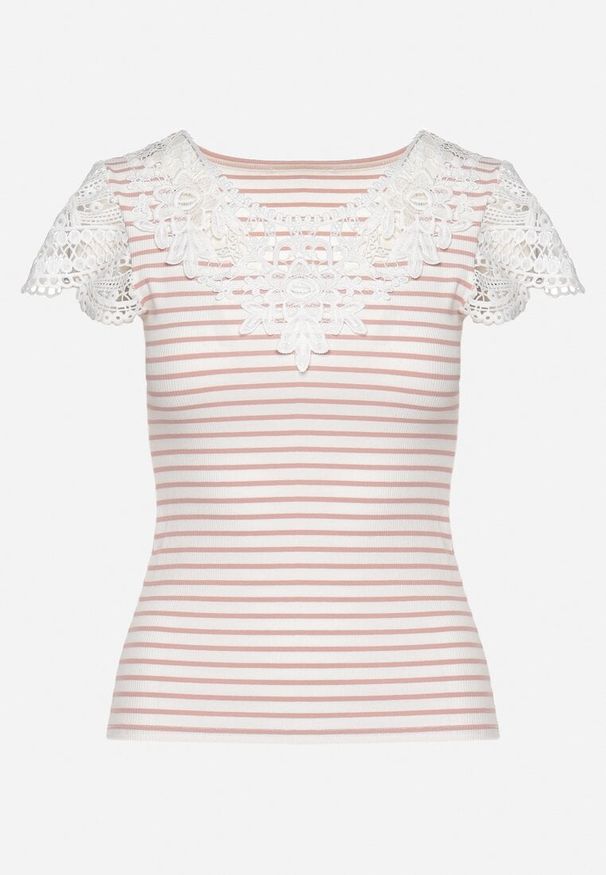 Born2be - Różowo-Biały Bawełniany T-shirt z Prążkowanego Materiału z Koronkowym Dekoltem i Rękawkami Hyacintia. Okazja: na co dzień, na randkę. Kolor: różowy. Materiał: koronka, materiał, bawełna, prążkowany. Długość rękawa: krótki rękaw. Długość: krótkie. Styl: casual