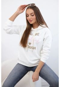 Kesi Włoski - Bluza bawełniana z kapturem ecru. Typ kołnierza: kaptur. Materiał: bawełna. Wzór: napisy, aplikacja