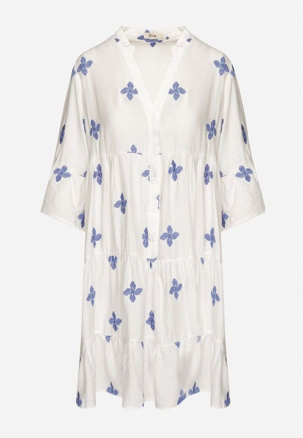 Born2be - Biała Sukienka z Wiskozą o Rozkloszowanym Kroju z Ozdobnym Haftem Arathiel. Okazja: na co dzień, na spacer. Typ kołnierza: dekolt w kształcie V. Kolor: biały. Materiał: wiskoza. Wzór: haft. Sezon: wiosna, lato. Styl: casual, elegancki