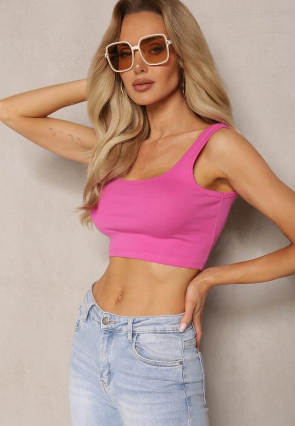 Renee - Różowy Tank Top z Elastycznej Bawełny z Głębokim Dekoltem Omaliana. Okazja: na co dzień. Kolor: różowy. Materiał: bawełna. Styl: casual