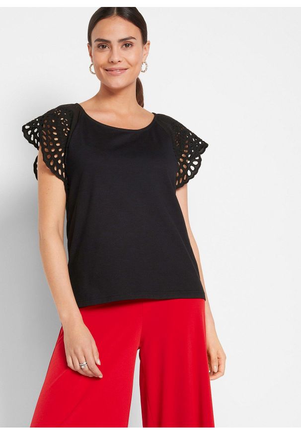 bonprix - Bluzka z mieszanki bawełny. Kolor: czarny. Materiał: bawełna. Wzór: ażurowy, haft. Styl: elegancki, klasyczny