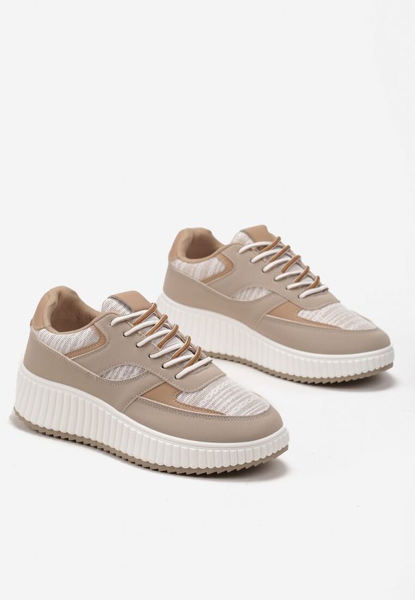 Born2be - Ciemnobeżowe Sneakersy na Grubej Podeszwie Ozdobione Brokatem Evllina. Kolor: beżowy. Wzór: aplikacja