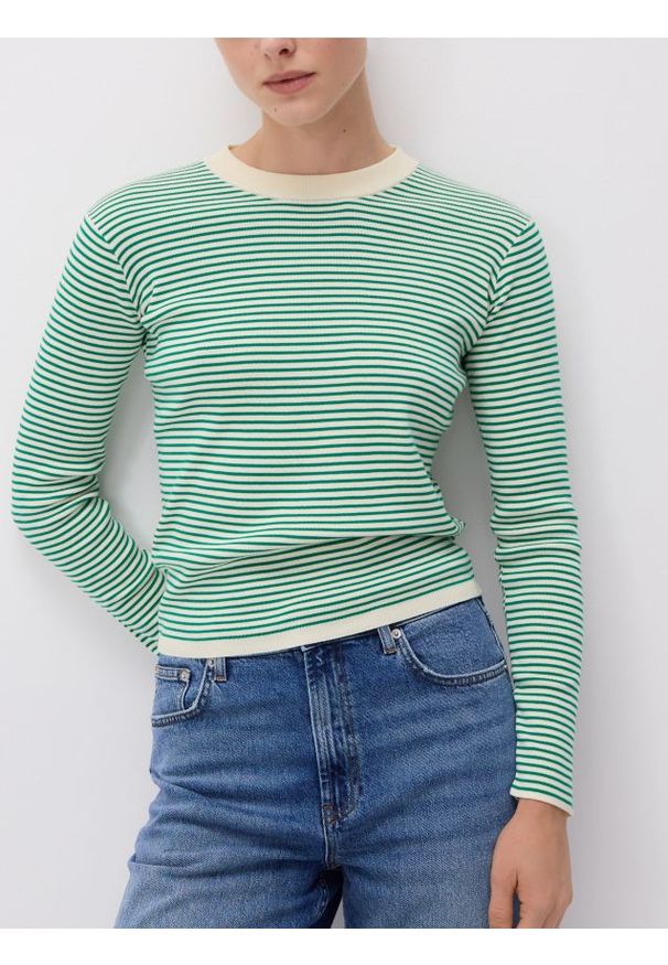 Reserved - Bawełniany longsleeve w paski - zielony. Kolor: zielony. Materiał: bawełna. Długość rękawa: długi rękaw. Wzór: paski