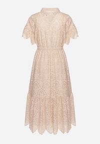 Born2be - Beżowa Haftowana Sukienka z Bawełny z Guzikami i Gumką w Talii Melliara. Okazja: na spacer, na imprezę. Typ kołnierza: dekolt w kształcie V. Kolor: beżowy. Materiał: bawełna. Długość rękawa: krótki rękaw. Wzór: haft. Sezon: lato. Styl: klasyczny, boho #6