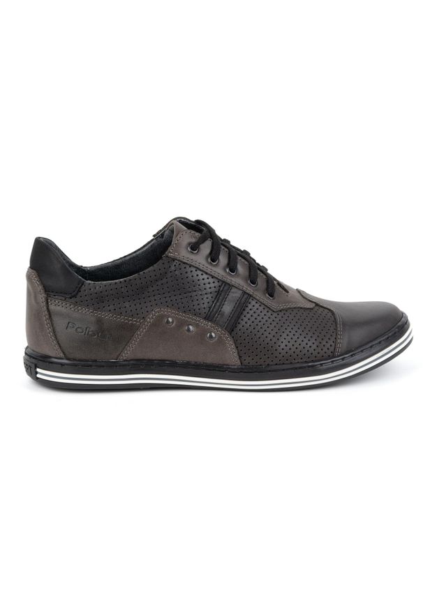Polbut Buty męskie casual 1801P szare. Okazja: na co dzień. Zapięcie: pasek. Kolor: szary. Materiał: jeans, skóra. Wzór: paski. Sezon: lato, wiosna, jesień. Styl: casual