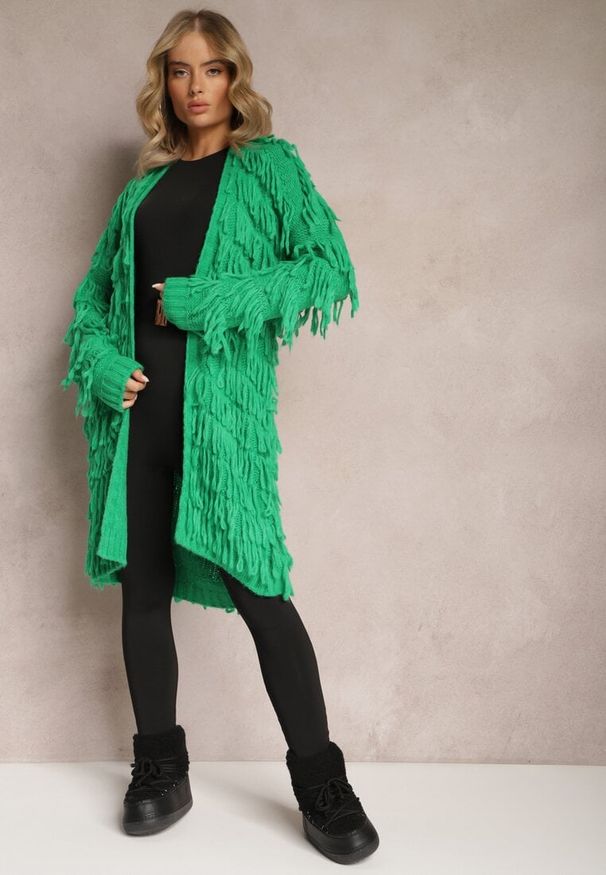 Renee - Zielony Niezapinany Kardigan w Ozdobne Frędzle Massawa. Kolor: zielony. Styl: elegancki
