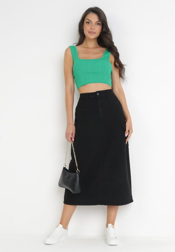 Born2be - Czarna Jeansowa Spódnica Midi z Szerokimi Kieszeniami Varsha. Kolor: czarny. Materiał: jeans