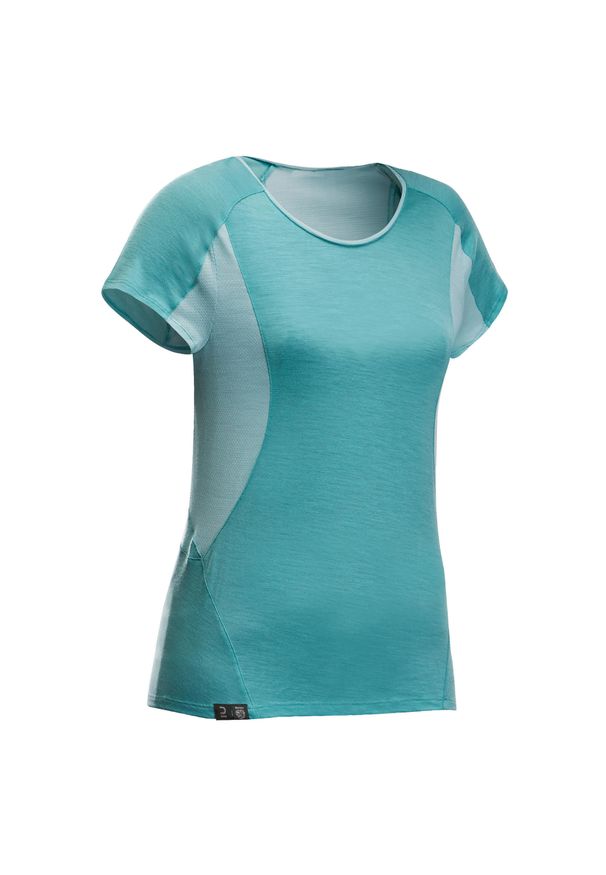 FORCLAZ - Koszulka damska trekkingowa z krótkim rękawem Forclaz MT500 merino. Kolor: niebieski, wielokolorowy, turkusowy. Materiał: materiał, wełna, elastan, poliamid. Długość rękawa: krótki rękaw. Długość: krótkie