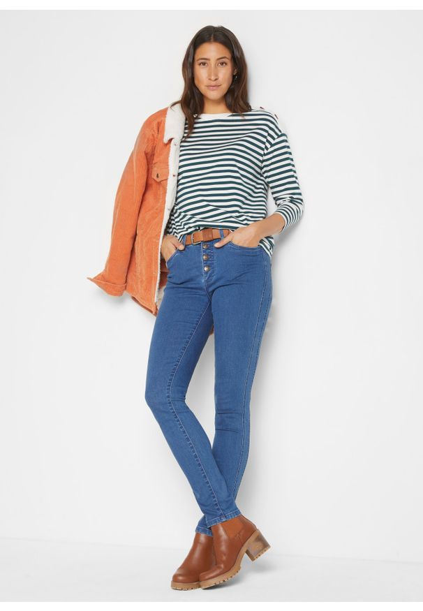 bonprix - Shirt z długim rękawem i guzikami, oversized. Kolor: zielony. Długość rękawa: długi rękaw. Długość: długie. Wzór: paski